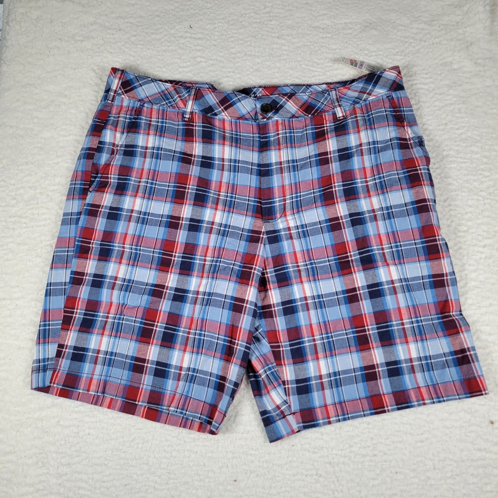 IZOD Saltwater Madras Shorts Mens 38 Blue Red Plaid Classic Fit Stretch 9.5"